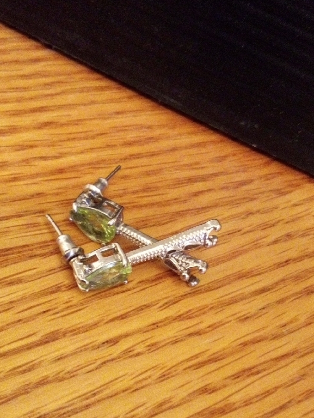 Silver Key Drop Earrings with Light Green Gemstones